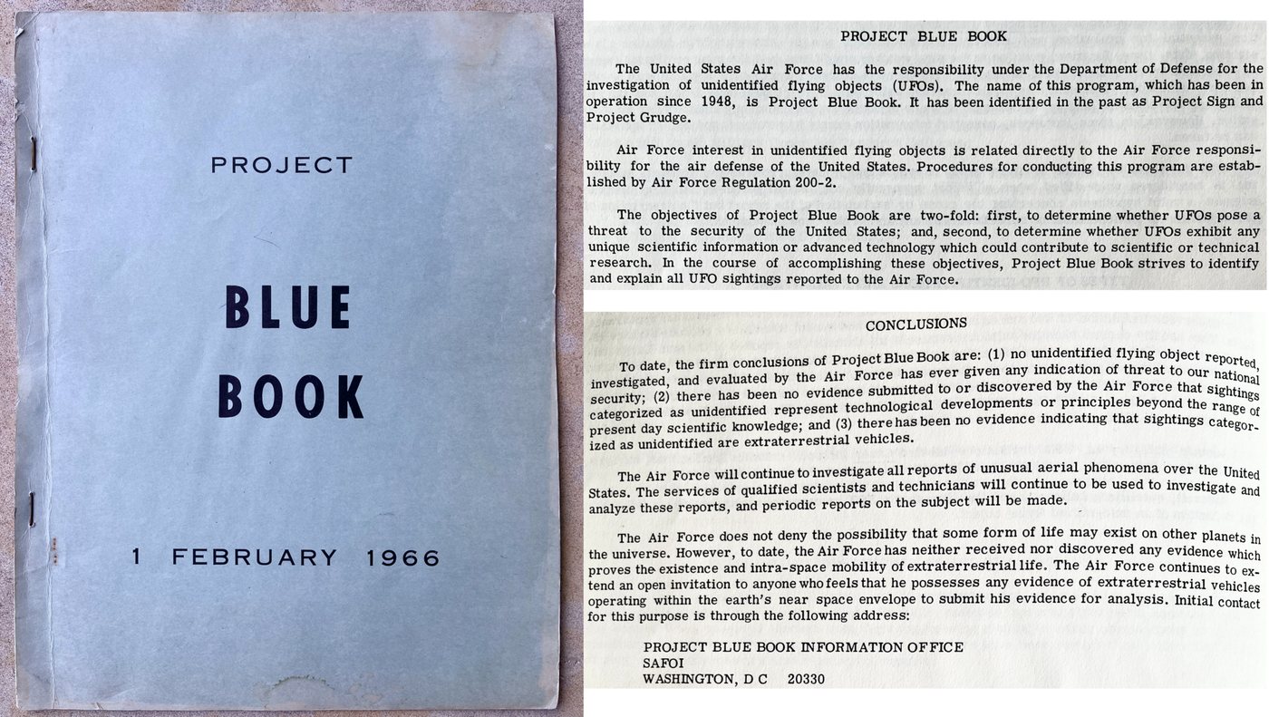 Relatório original do Projeto Blue Book, da Força Aérea dos EUA, datado de 1º de fevereiro de 1966, com a capa azul e páginas de texto