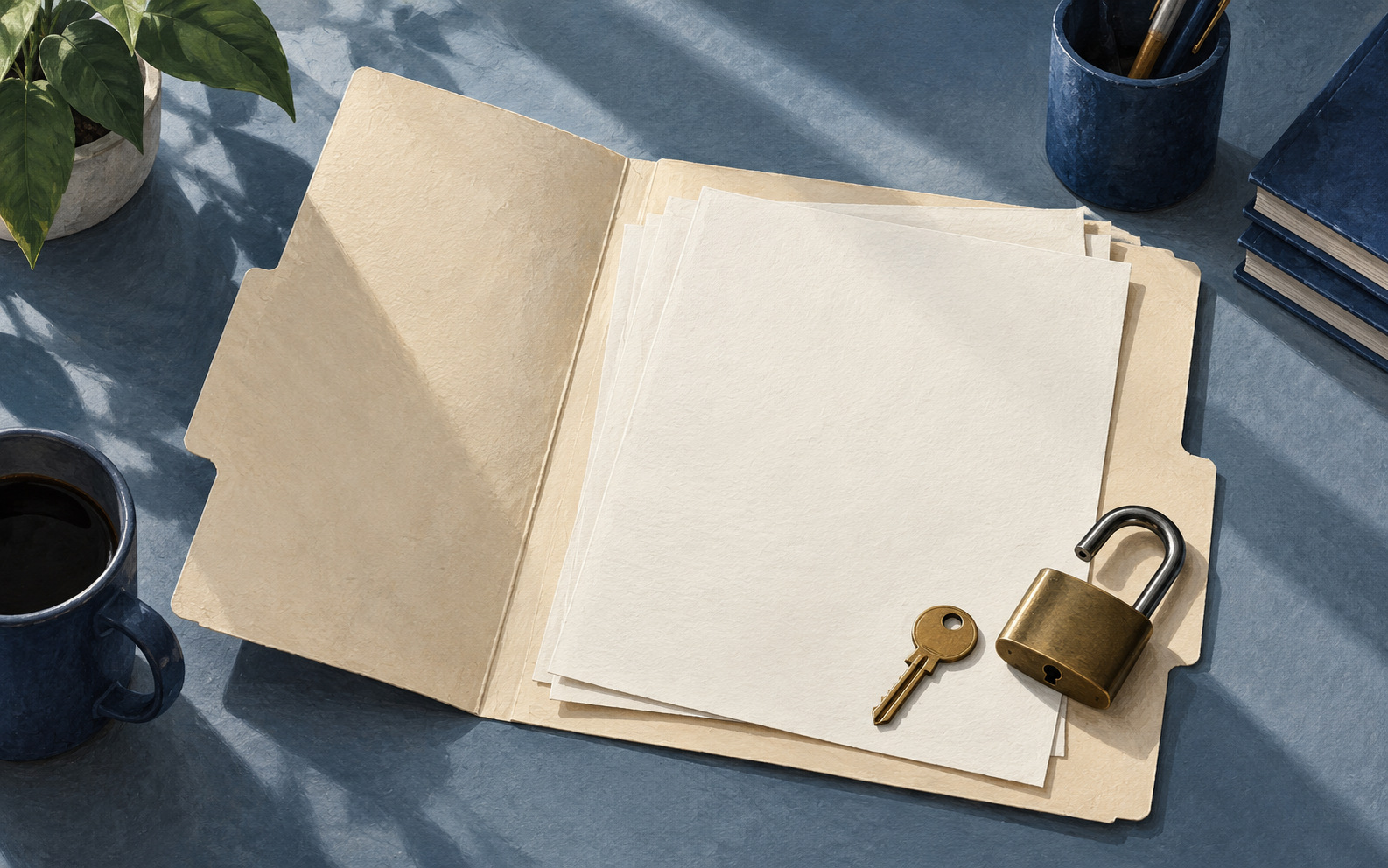 Ilustração gerada por IA: pasta de documentos sem escrita, chave e cadeado aberto em uma mesa